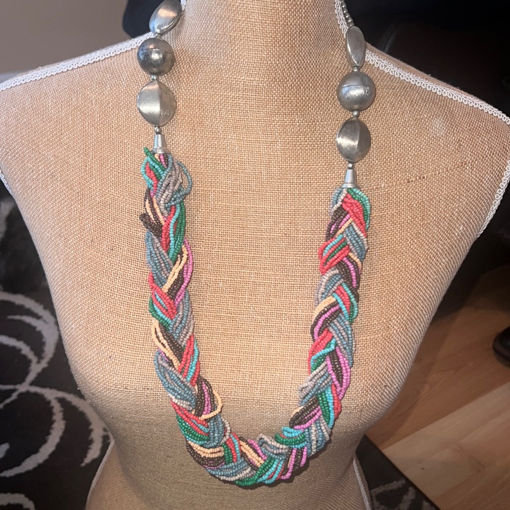 Double Strand Multi-Color Seed Bead And Metal Necklace -- 32" length